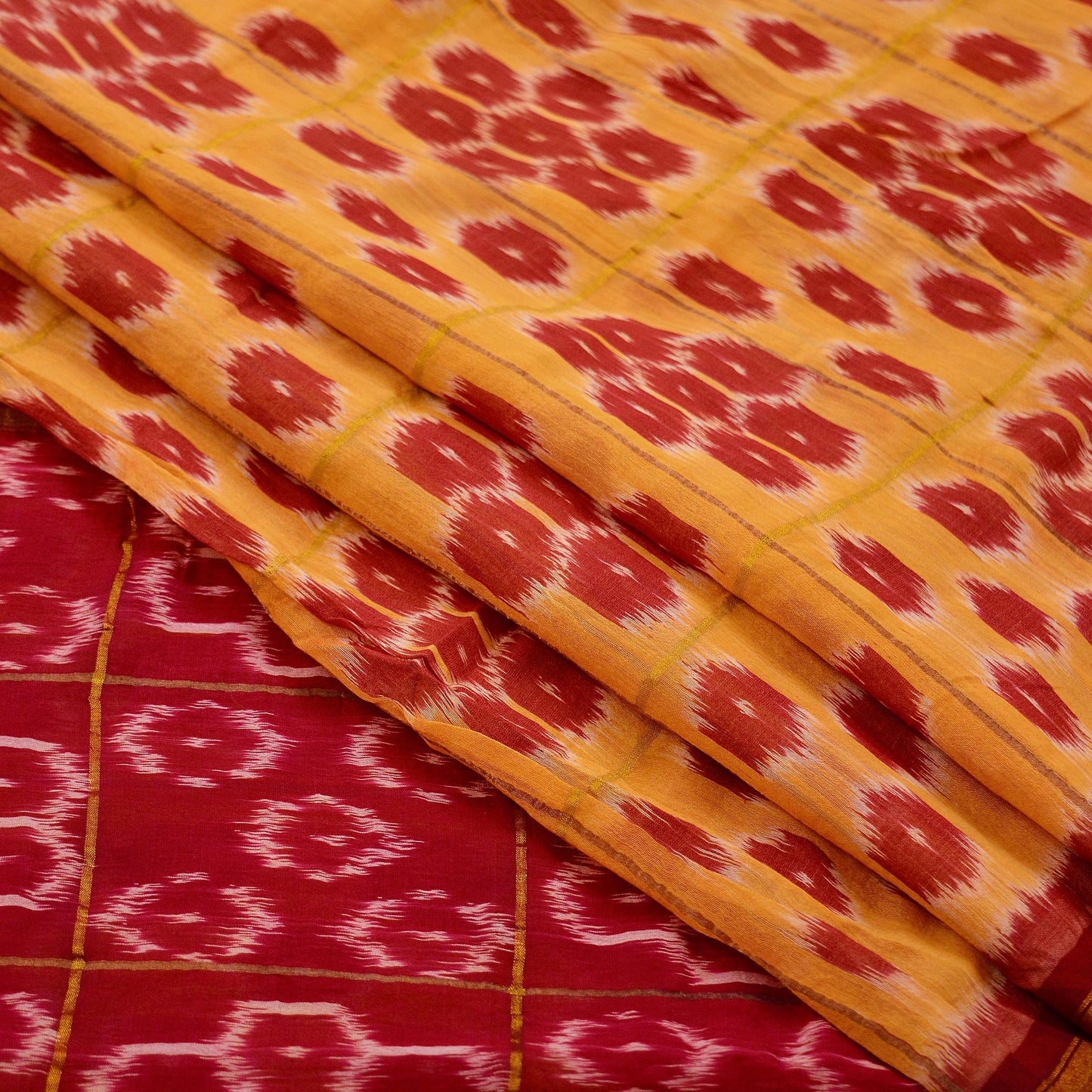 Indian Vintage Sari Saffron & Red Pure Silk Hand Woven Odisha Ikat Patola Saree Fabric 5Yd Zari Border Ethnic Party wear Quilting Upcycle