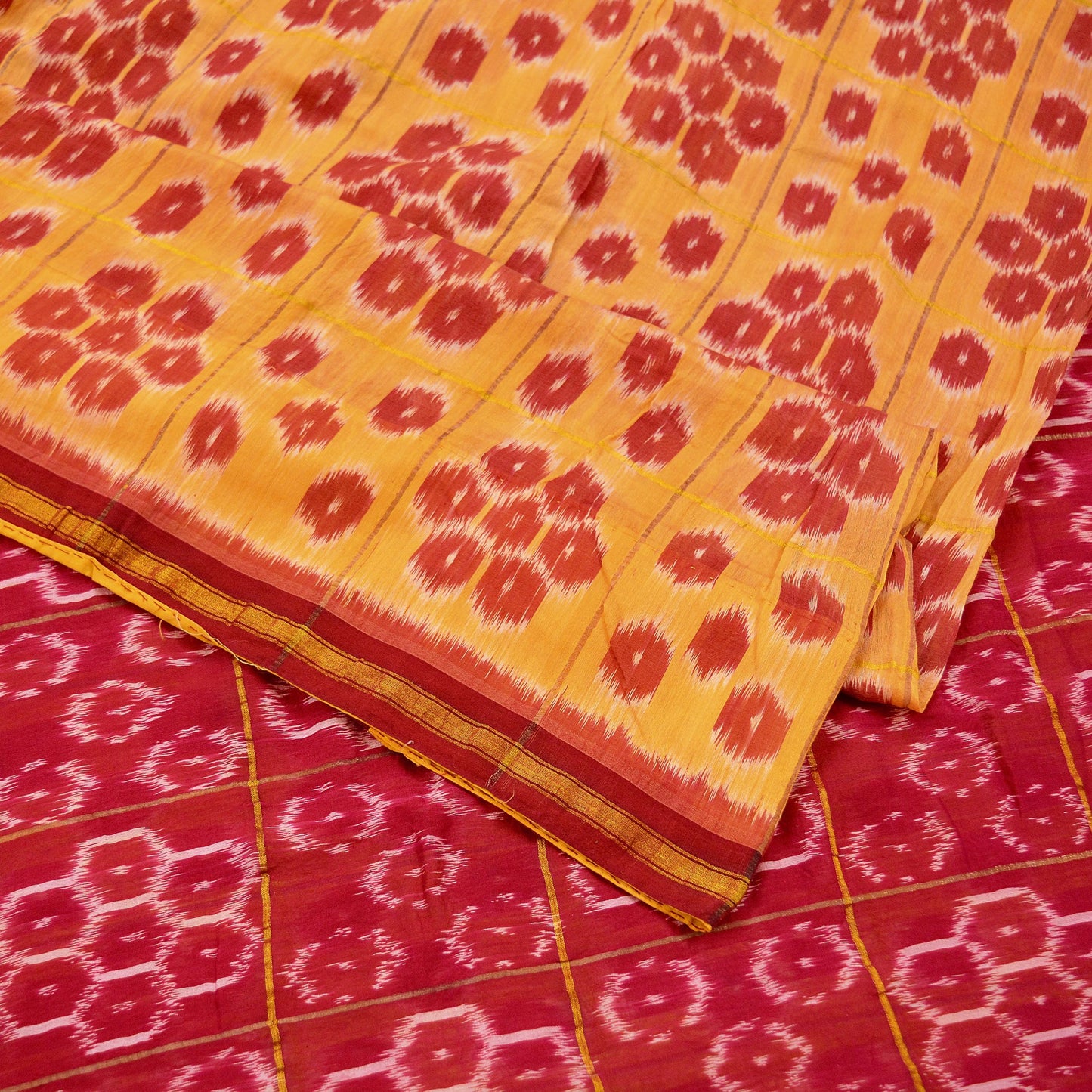 Indian Vintage Sari Saffron & Red Pure Silk Hand Woven Odisha Ikat Patola Saree Fabric 5Yd Zari Border Ethnic Party wear Quilting Upcycle