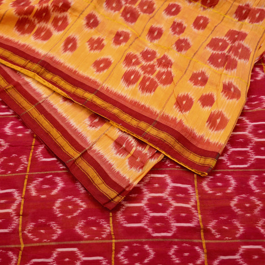 Indian Vintage Sari Saffron & Red Pure Silk Hand Woven Odisha Ikat Patola Saree Fabric 5Yd Zari Border Ethnic Party wear Quilting Upcycle