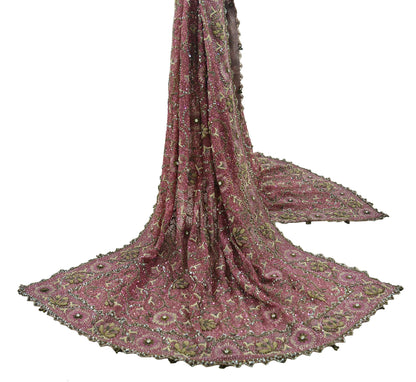 Indian Vintage Heavy Bridal Dupatta Pink Net Mesh Long Stole Hand Embroidered Scarves Golden Zardozi Dabka Zari Sequins Wedding Dupatta