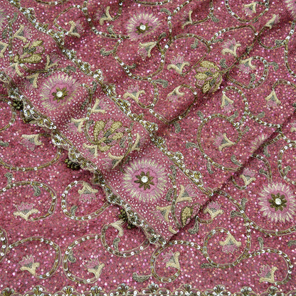 Indian Vintage Heavy Bridal Dupatta Pink Net Mesh Long Stole Hand Embroidered Scarves Golden Zardozi Dabka Zari Sequins Wedding Dupatta