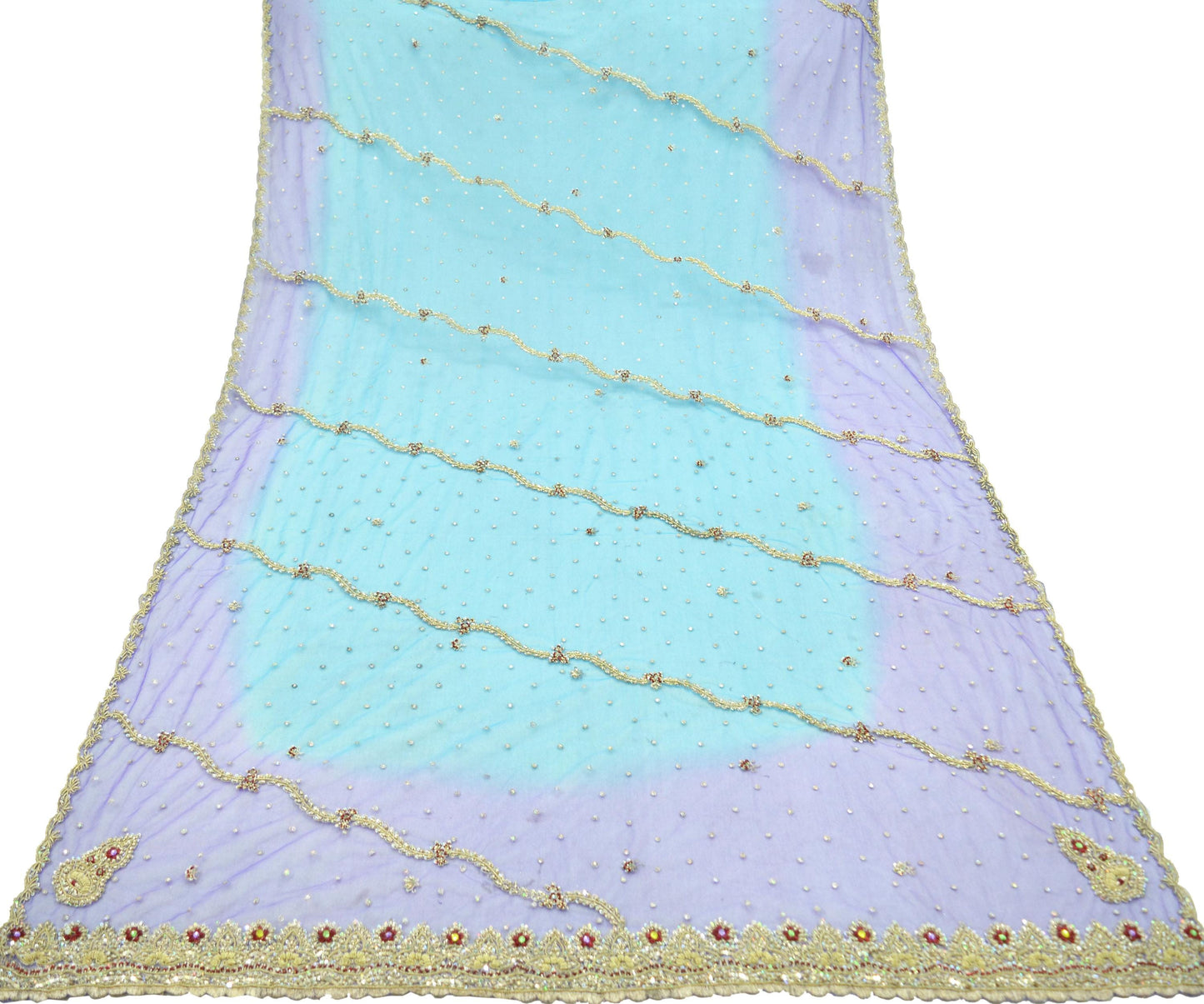 Indian Vintage Heavy Bridal Dupatta Blue & Purple Net Mesh Long Stole Hand Embroidered Scarves Golden Zardozi Zari Sequins Wedding hijab