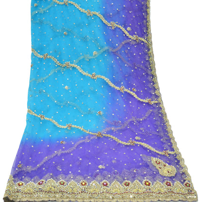 Indian Vintage Heavy Bridal Dupatta Blue & Purple Net Mesh Long Stole Hand Embroidered Scarves Golden Zardozi Zari Sequins Wedding hijab