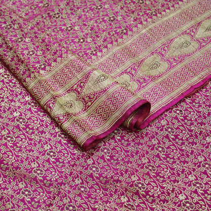 Indian Vintage Sari Heavy Wedding Pure Satin Silk Rani Pink Banarasi Brocade Saree Golden Zari 5Yd Ethnic Craft Fabric Upcycle Crafting used