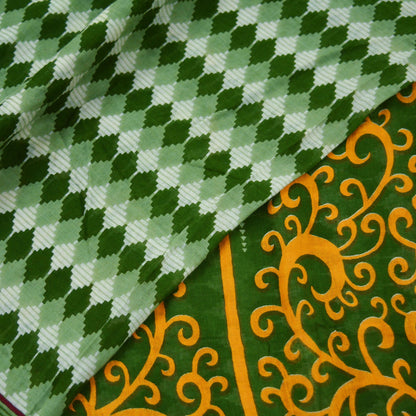 Indian Vintage Sari Green & White Printed Pure Cotton Saree Craft Fabric 5Yd Soft Sewing Sarong Wrap Boho Geometric Upcycle used Quilting