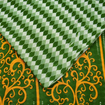 Indian Vintage Sari Green & White Printed Pure Cotton Saree Craft Fabric 5Yd Soft Sewing Sarong Wrap Boho Geometric Upcycle used Quilting