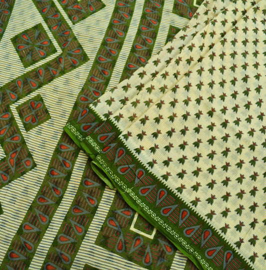 Indian Vintage Sari Green & Ivory Printed Pure Cotton Sarees 5Yd Craft Fabric Soft Sewing Sarong Wrap Boho Upcycle quilting Dress making