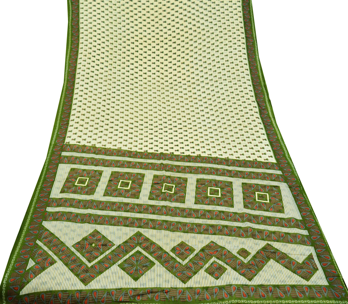 Indian Vintage Sari Green & Ivory Printed Pure Cotton Sarees 5Yd Craft Fabric Soft Sewing Sarong Wrap Boho Upcycle quilting Dress making