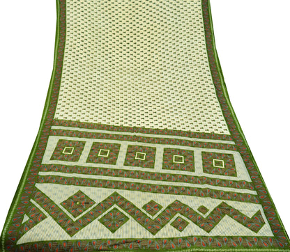 Indian Vintage Sari Green & Ivory Printed Pure Cotton Sarees 5Yd Craft Fabric Soft Sewing Sarong Wrap Boho Upcycle quilting Dress making