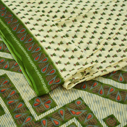 Indian Vintage Sari Green & Ivory Printed Pure Cotton Sarees 5Yd Craft Fabric Soft Sewing Sarong Wrap Boho Upcycle quilting Dress making