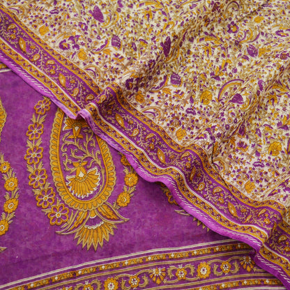 Indian Vintage Sari Purple & Ivory Pure Cotton Printed Saree 5Yd Craft Fabric Sewing Sarong Wrap Boho Floral Quilting crafting dressmaking