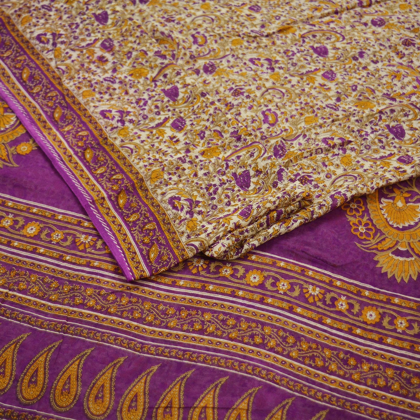 Indian Vintage Sari Purple & Ivory Pure Cotton Printed Saree 5Yd Craft Fabric Sewing Sarong Wrap Boho Floral Quilting crafting dressmaking