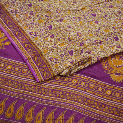 Indian Vintage Sari Purple & Ivory Pure Cotton Printed Saree 5Yd Craft Fabric Sewing Sarong Wrap Boho Floral Quilting crafting dressmaking