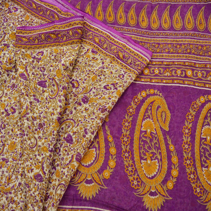 Indian Vintage Sari Purple & Ivory Pure Cotton Printed Saree 5Yd Craft Fabric Sewing Sarong Wrap Boho Floral Quilting crafting dressmaking