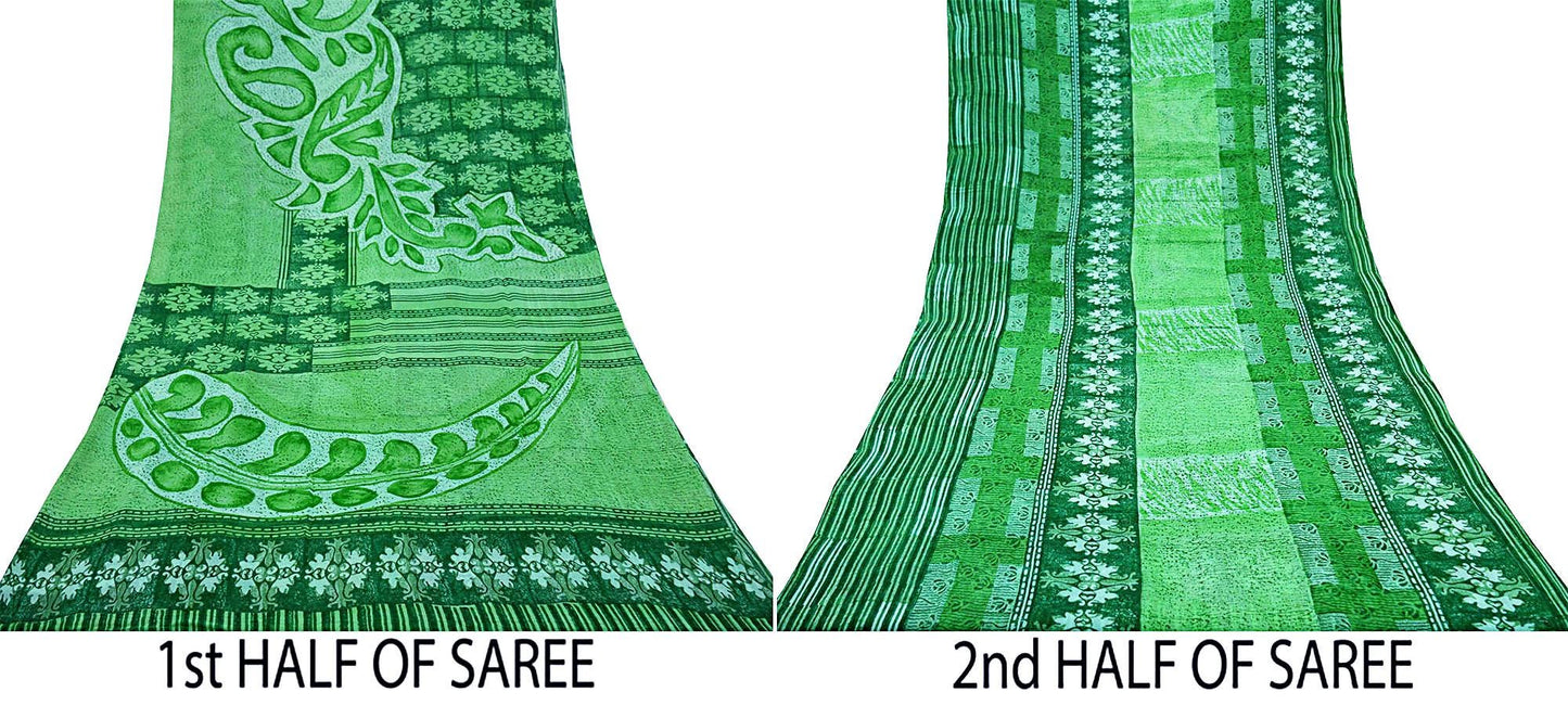 Indian Vintage Sari Green Pure Georgette Silk Printed Sarees 5Yd Craft Fabric Sewing Soft Dress Making Floral Quilting Used Upcycle