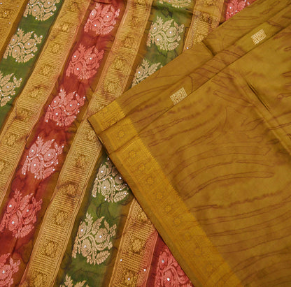 Indian Vintage Sari Green Pure Silk Hand Beaded/Woven Sarees 5Yd Craft Fabric Ethnic Upcycle Crafting Dress Making Dress Designing Used