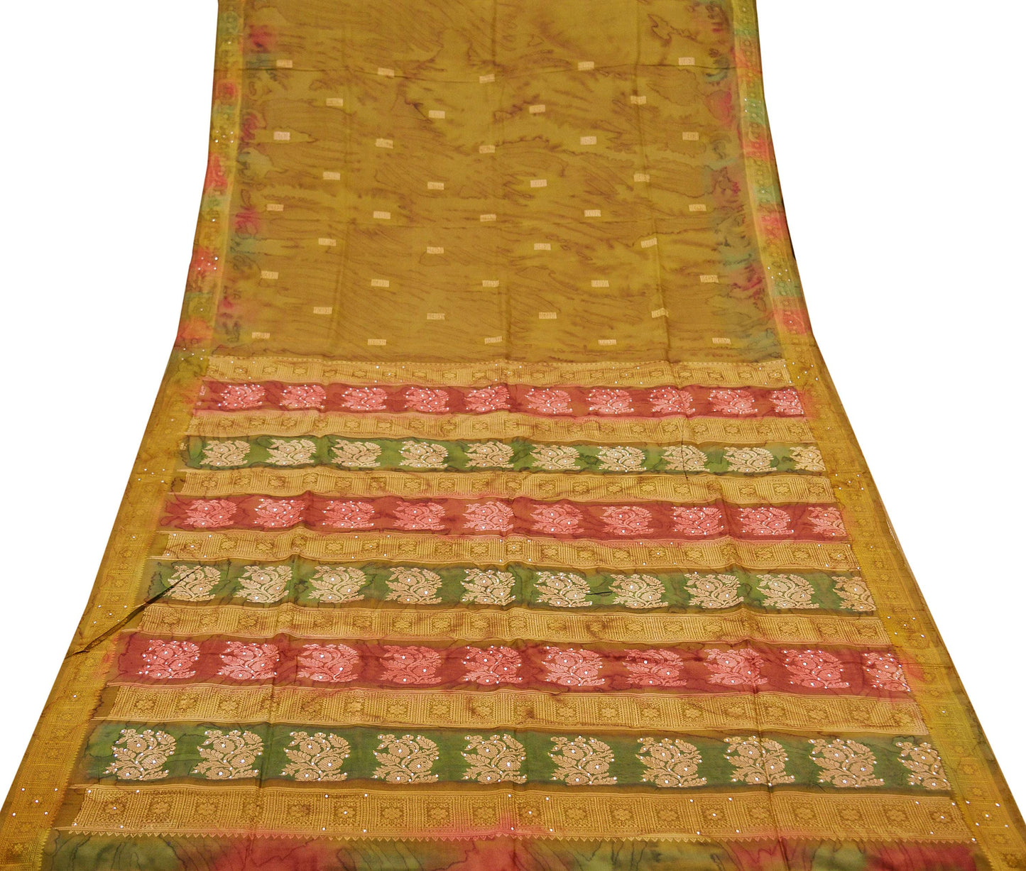 Indian Vintage Sari Green Pure Silk Hand Beaded/Woven Sarees 5Yd Craft Fabric Ethnic Upcycle Crafting Dress Making Dress Designing Used