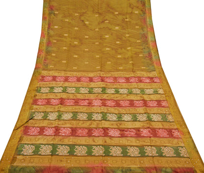 Indian Vintage Sari Green Pure Silk Hand Beaded/Woven Sarees 5Yd Craft Fabric Ethnic Upcycle Crafting Dress Making Dress Designing Used