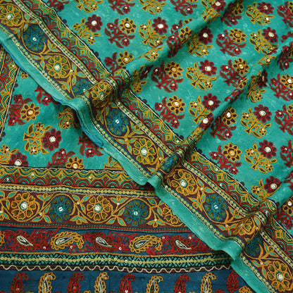 Indian Vintage Sari Green 100% Pure Silk Hand Embroidered Sarees 5yd Craft Fabric Zari Sequins Ethnic Upcycle Quilting Crafting Dress Making