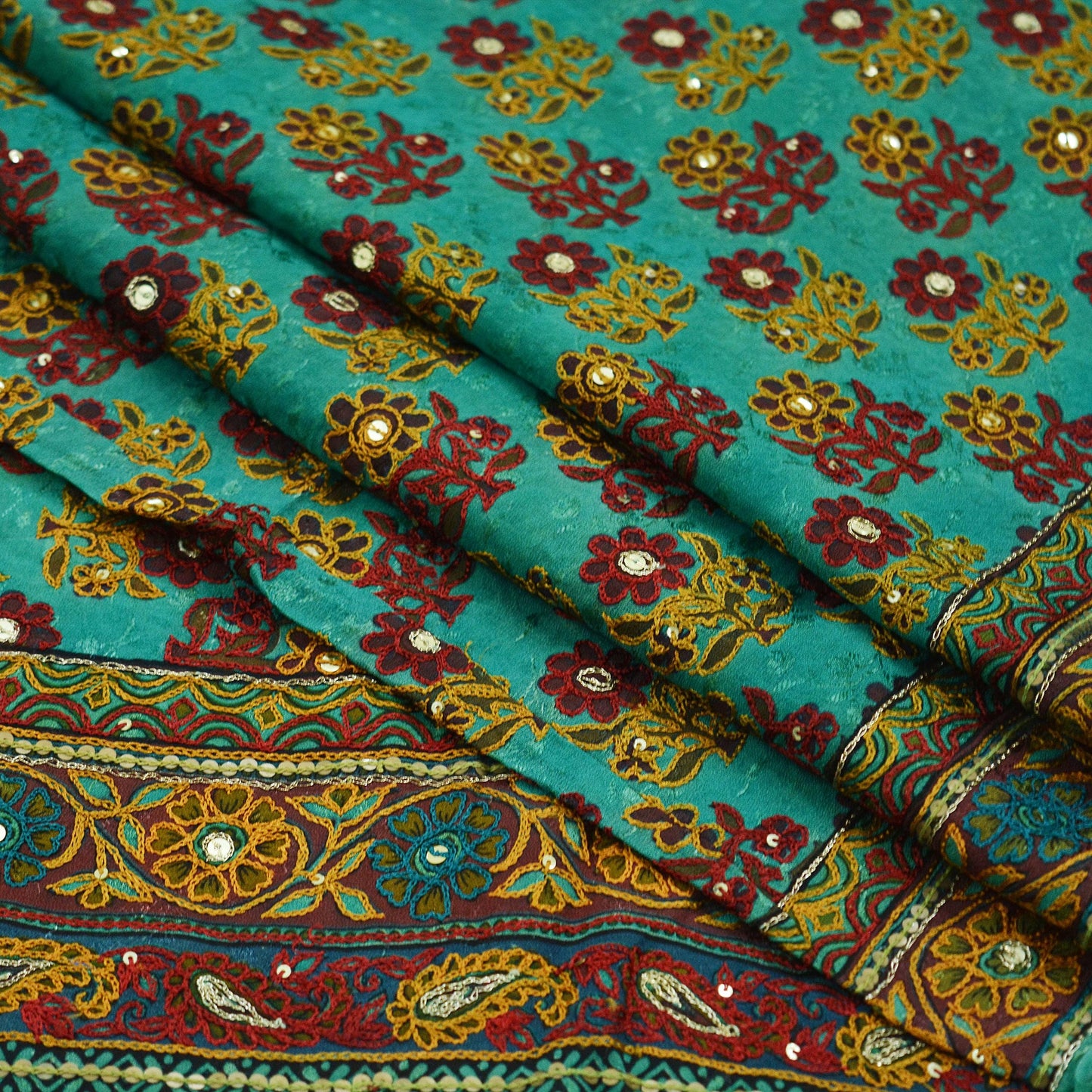 Indian Vintage Sari Green 100% Pure Silk Hand Embroidered Sarees 5yd Craft Fabric Zari Sequins Ethnic Upcycle Quilting Crafting Dress Making