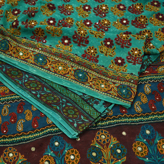 Indian Vintage Sari Green 100% Pure Silk Hand Embroidered Sarees 5yd Craft Fabric Zari Sequins Ethnic Upcycle Quilting Crafting Dress Making