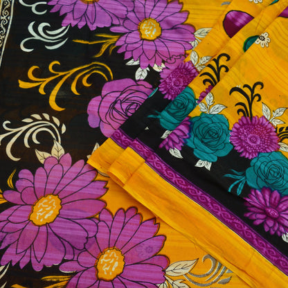 Indian Vintage Saffron & Black Saree Printed Pure Cotton Indian Sari Craft Fabric 5Yd Sewing Soft Sarong Wrap Boho Floral Quilting Crafting