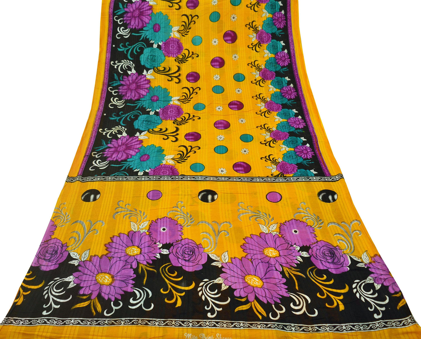 Indian Vintage Saffron & Black Saree Printed Pure Cotton Indian Sari Craft Fabric 5Yd Sewing Soft Sarong Wrap Boho Floral Quilting Crafting