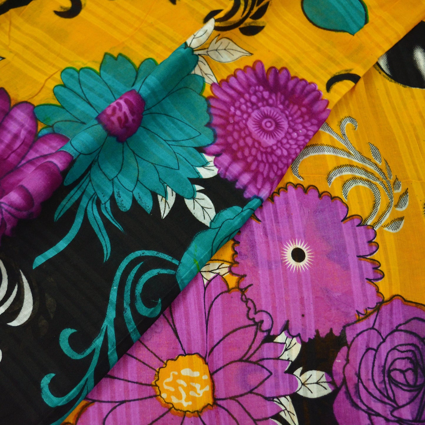 Indian Vintage Saffron & Black Saree Printed Pure Cotton Indian Sari Craft Fabric 5Yd Sewing Soft Sarong Wrap Boho Floral Quilting Crafting