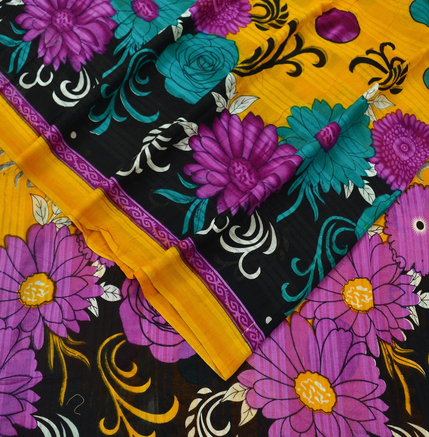 Indian Vintage Saffron & Black Saree Printed Pure Cotton Indian Sari Craft Fabric 5Yd Sewing Soft Sarong Wrap Boho Floral Quilting Crafting