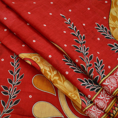 Indian Vintage Red Saree Printed Pure Cotton Indian Sari Craft Fabric Soft 5Yd Sewing Sarong Wrap Boho Floral Quilting Crafting Upcycle