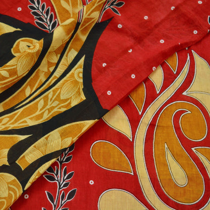 Indian Vintage Red Saree Printed Pure Cotton Indian Sari Craft Fabric Soft 5Yd Sewing Sarong Wrap Boho Floral Quilting Crafting Upcycle