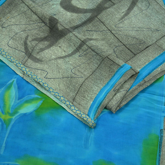 Indian Vintage Sari Blue & Gray Pure Printed Crepe Silk Sarees 5yd Sewing Soft Craft Fabric Wrap Sewing Dress Making Crafting Quilting