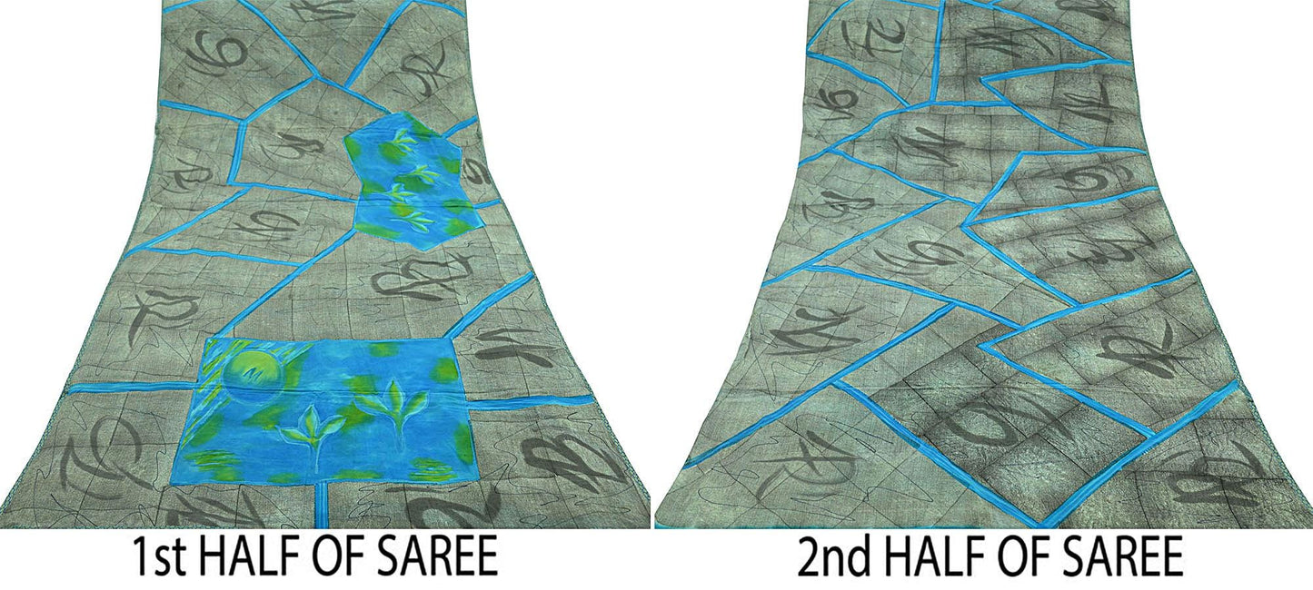 Indian Vintage Sari Blue & Gray Pure Printed Crepe Silk Sarees 5yd Sewing Soft Craft Fabric Wrap Sewing Dress Making Crafting Quilting