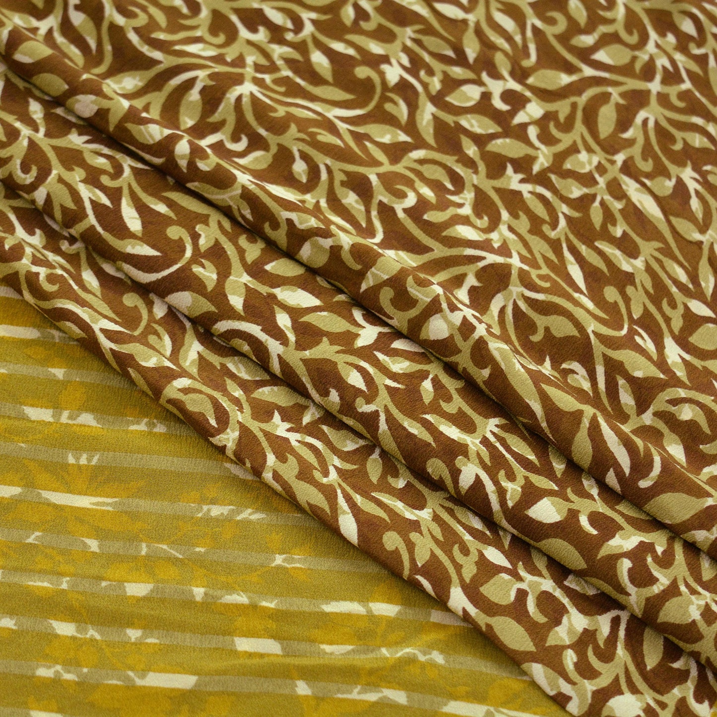 Indian Vintage Green & Brown Saree Pure Crepe Silk Printed Sari Craft Fabric 5yd Sewing Floral Soft Craft Fabric Wrap Quilting Crafting