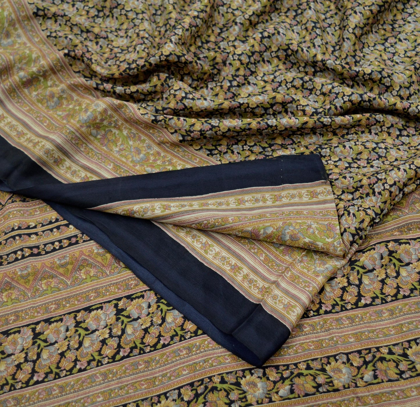 Indian Vintage Sari Black Printed Pure Silk Sarees Craft Fabric 6yd Sewing Floral Soft Dress Designing  for Crafting Quilting Upcycle Wrap