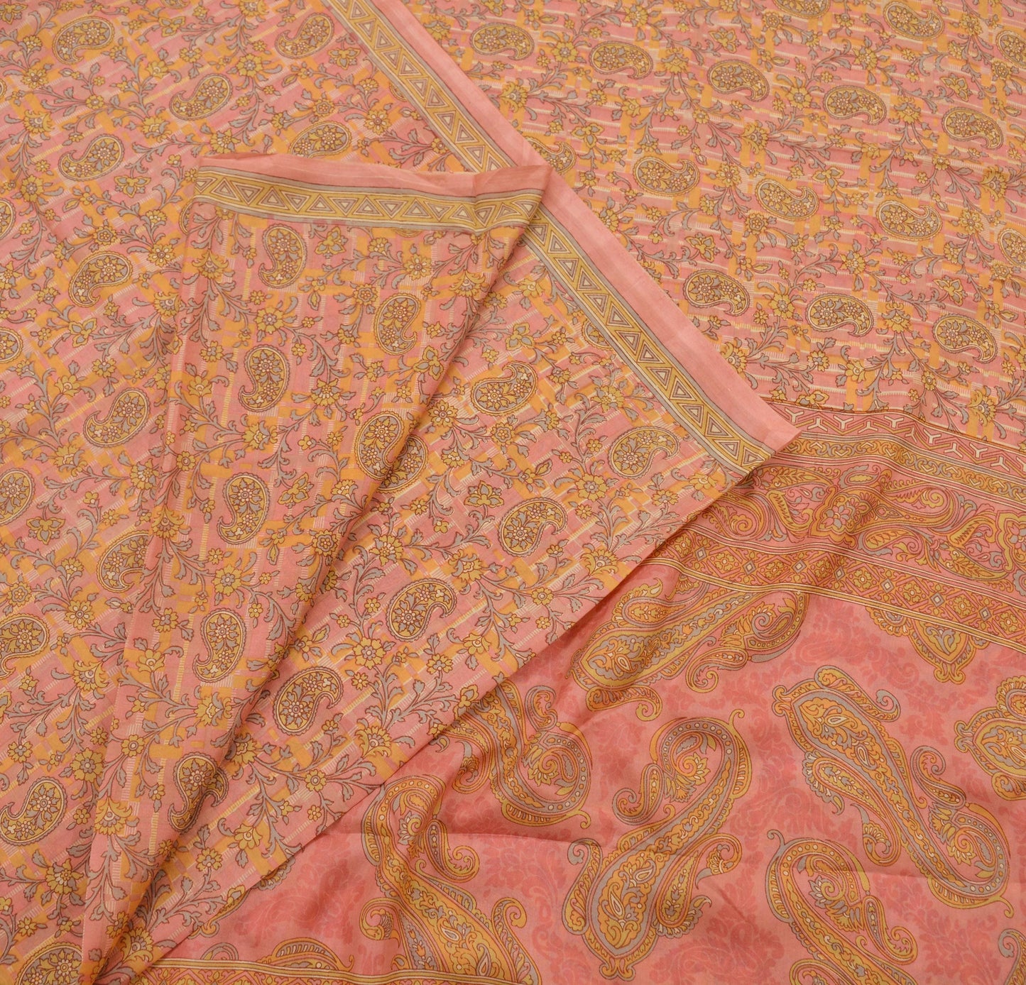 Indian Vintage Peach Saree 100% Pure Silk Printed Sari Craft Fabric Soft 5yd Sewing Dress Making  Soft Floral Crafting Quilting Upcycle