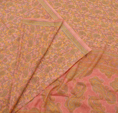 Indian Vintage Peach Saree 100% Pure Silk Printed Sari Craft Fabric Soft 5yd Sewing Dress Making  Soft Floral Crafting Quilting Upcycle