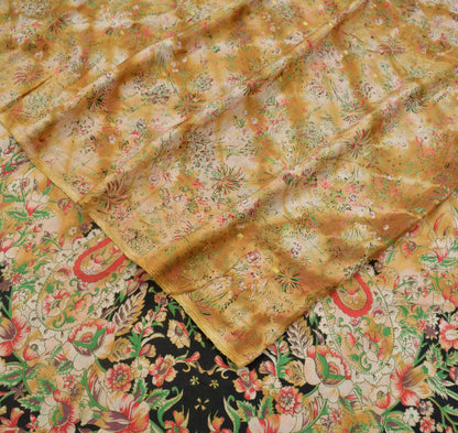 Indian Vintage Saffron & Beige Saree Pure Silk Printed Indian Sari Fabric 5yard Sewing Craft Dress Making  Soft Floral Quilting Crafting