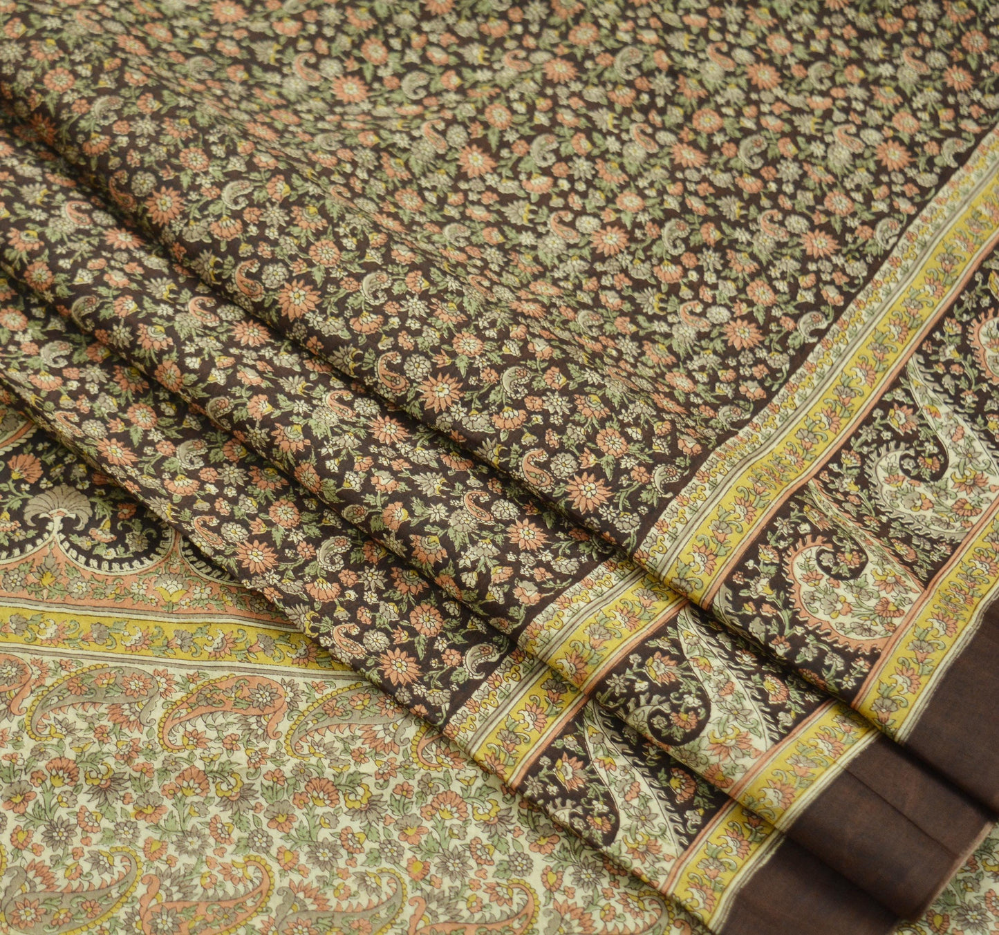 Indian Vintage Sari Brown Printed 100% Pure Silk Sarees 6yd Sewing Craft Fabric Soft Dress Making Wrap Floral Upcycle Quilting Crafting Used