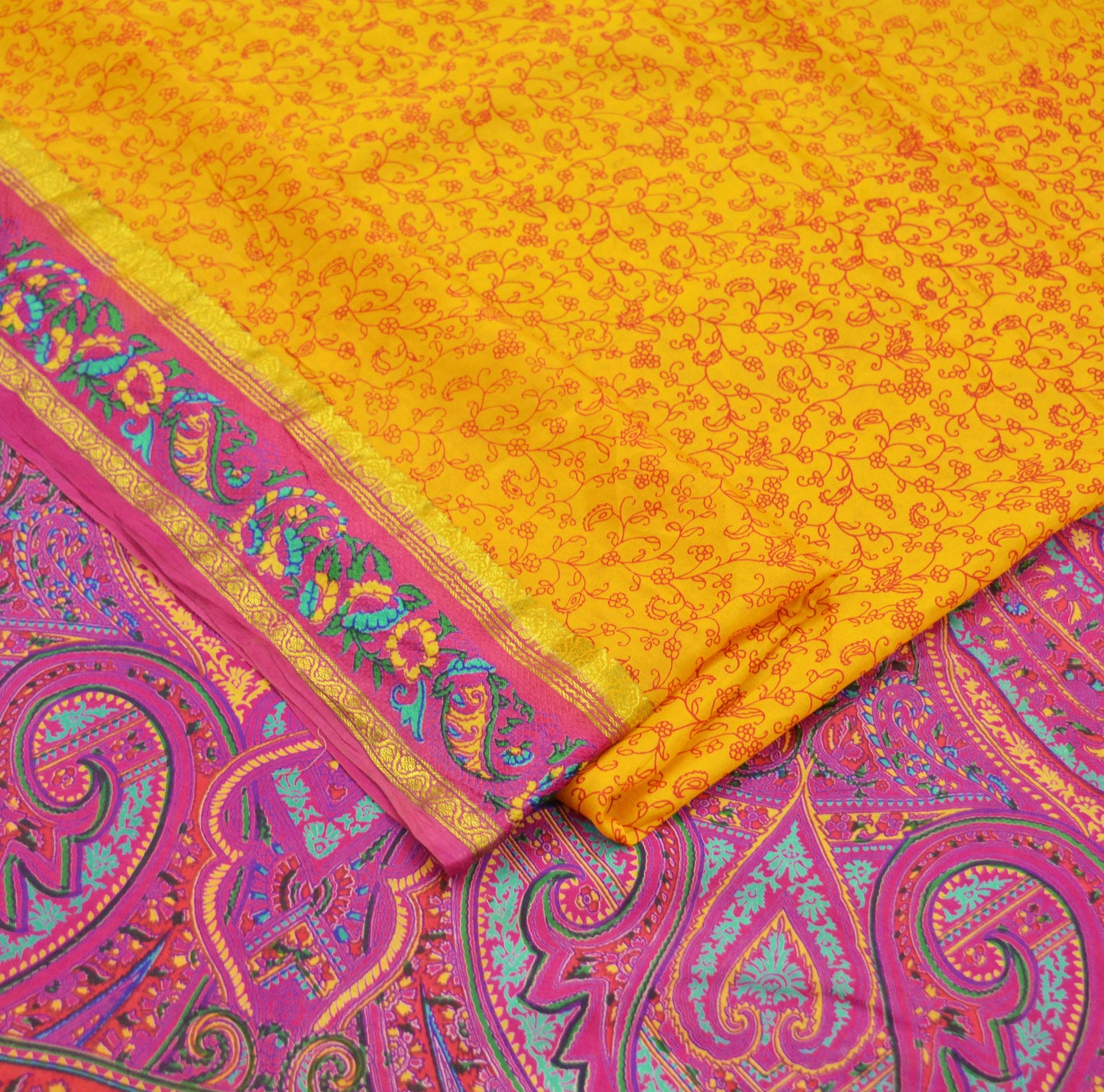 Indian Vintage Sari Pink & Yellow Pure Silk Printed Sarees Craft Fabric 5yd Sewing Dress Making Soft Quilting Crafting Upcycle