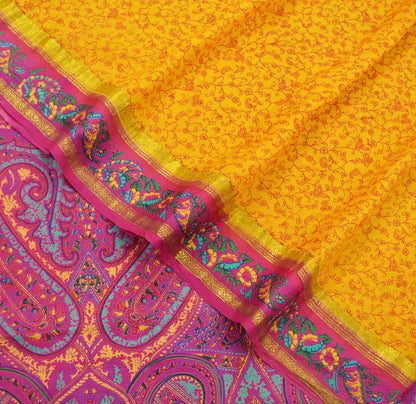 Indian Vintage Sari Pink & Yellow Pure Silk Printed Sarees Craft Fabric 5yd Sewing Dress Making Soft Quilting Crafting Upcycle