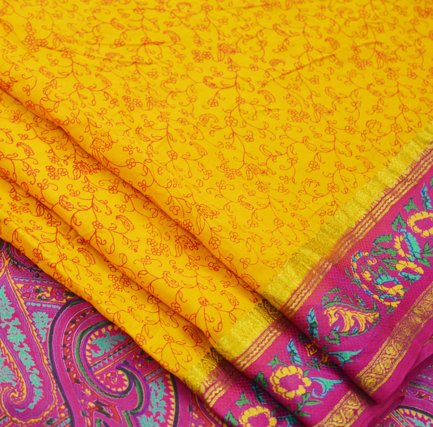 Indian Vintage Sari Pink & Yellow Pure Silk Printed Sarees Craft Fabric 5yd Sewing Dress Making Soft Quilting Crafting Upcycle