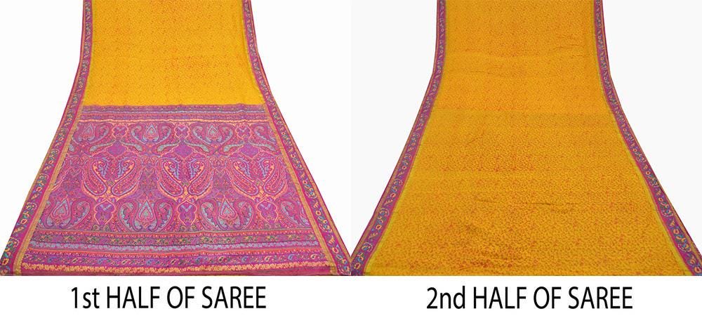 Indian Vintage Sari Pink & Yellow Pure Silk Printed Sarees Craft Fabric 5yd Sewing Dress Making Soft Quilting Crafting Upcycle