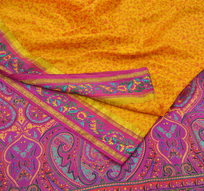 Indian Vintage Sari Pink & Yellow Pure Silk Printed Sarees Craft Fabric 5yd Sewing Dress Making Soft Quilting Crafting Upcycle