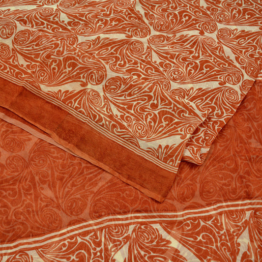 Indian Vintage Sari Beige & Orange Pure Chiffon Silk Printed Sarees Craft Fabric Sewing 5Yd Soft Dress Making Upcycle Bollywood Sari wrap