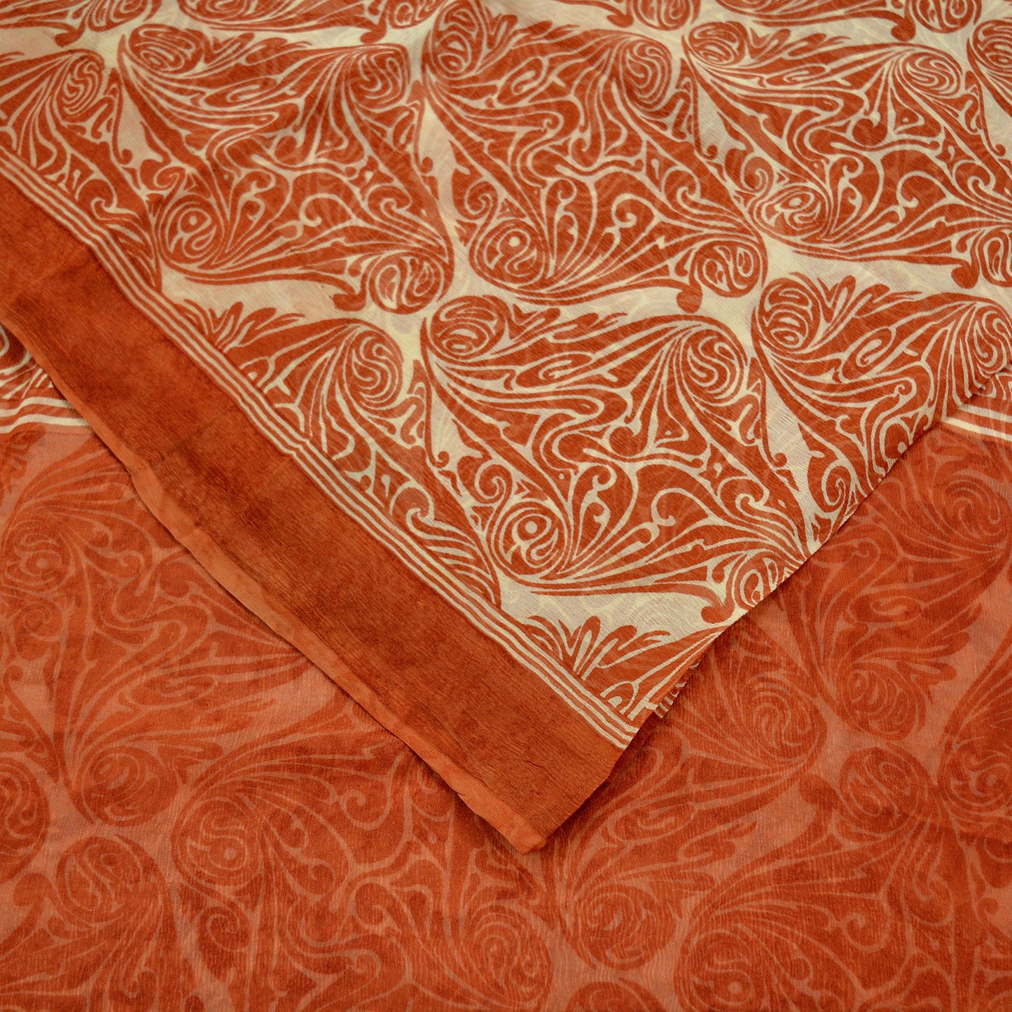 Indian Vintage Sari Beige & Orange Pure Chiffon Silk Printed Sarees Craft Fabric Sewing 5Yd Soft Dress Making Upcycle Bollywood Sari wrap