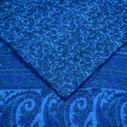 Indian Vintage Sari Blue Pure Silk Printed Sarees 5yd Sewing Craft Fabric Soft Dress Making Wrap Paisley Upcycle Quilting Crafting