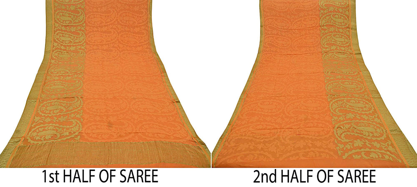 Indian Vintage Sari Saffron Pure Georgette Silk Hand Woven Zari Sarees 5Yd Craft Fabric Ethnic Soft Upcycle Quilting Bollywood sarees