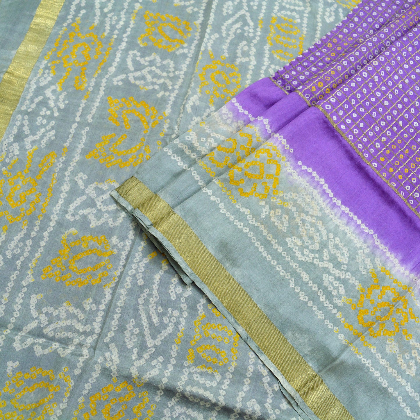 Indian Vintage Sari Purple & Gray Pure Silk Hand Woven Bandhani Sarees 5yd Craft Fabric Sewing Zari Ethnic Bollywood sarees Upcycle Used