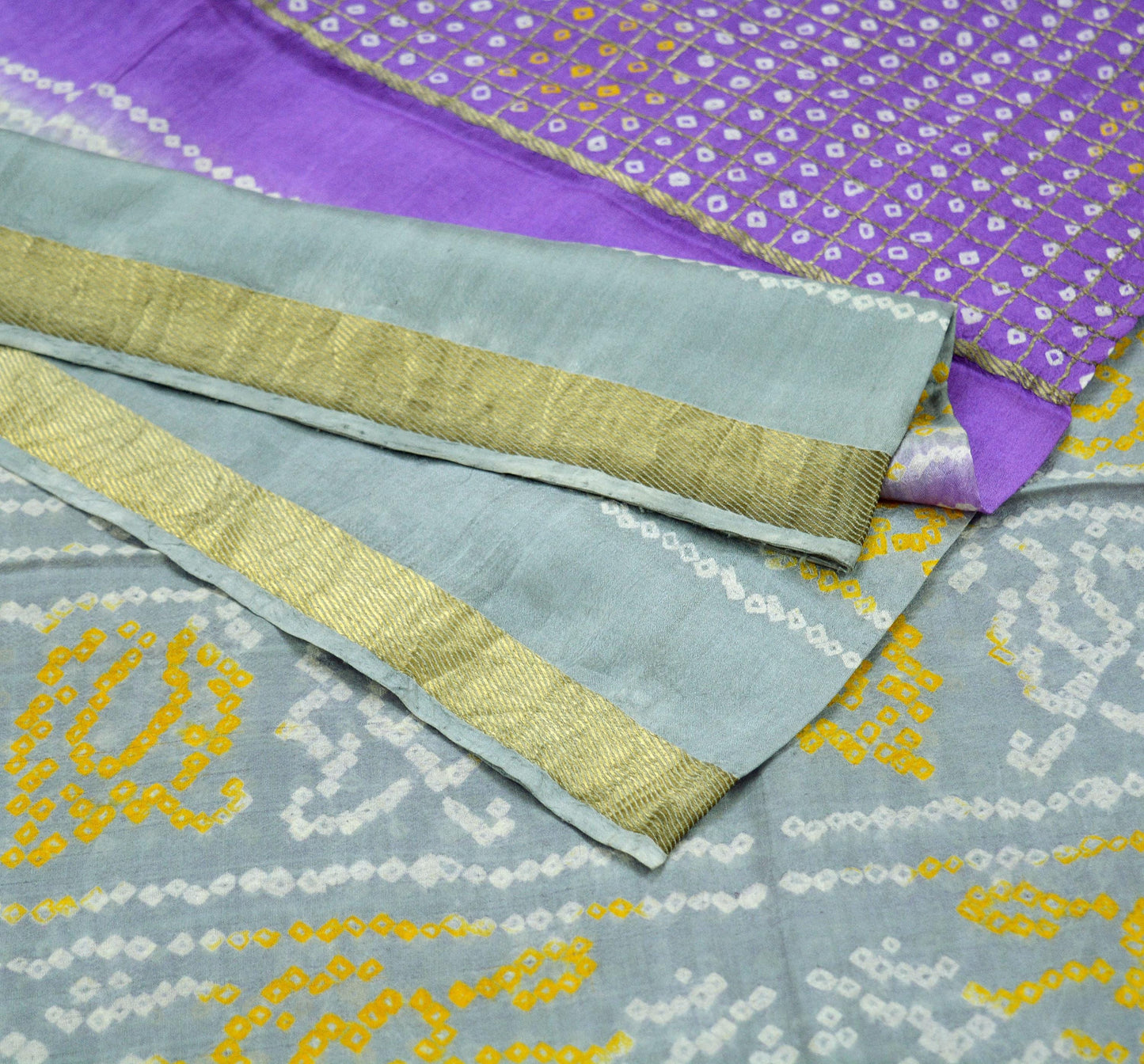 Indian Vintage Sari Purple & Gray Pure Silk Hand Woven Bandhani Sarees 5yd Craft Fabric Sewing Zari Ethnic Bollywood sarees Upcycle Used